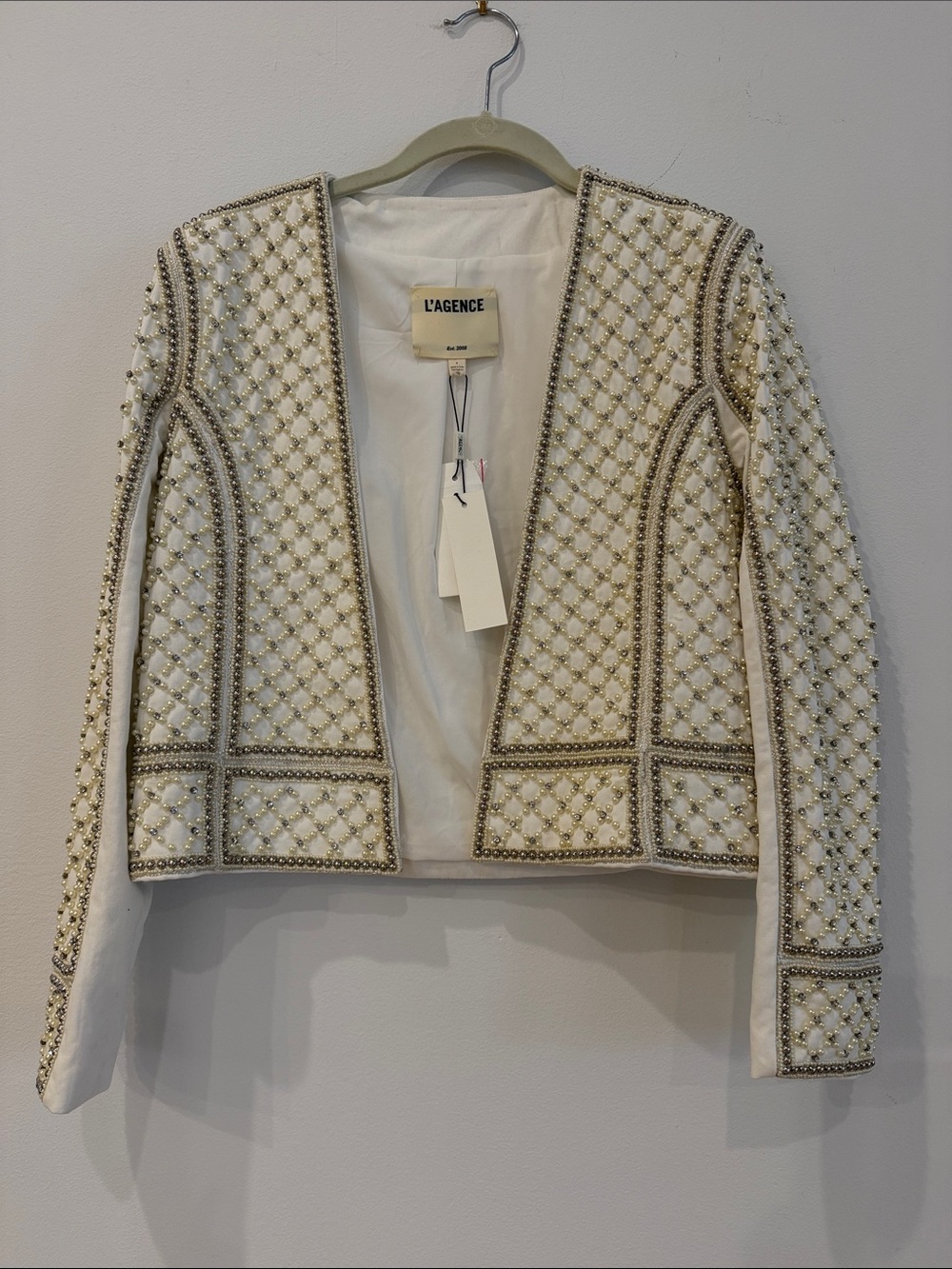 L'AGENCE Pearl and Crystal Embellished Open-Front Blazer